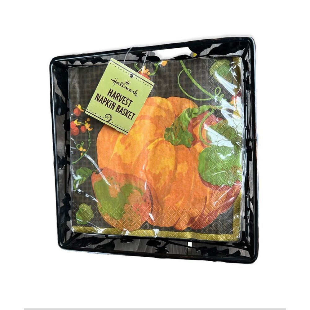 New Hallmark Home Entertainment Harvest Fall Napkins and Decorative Metal Basket